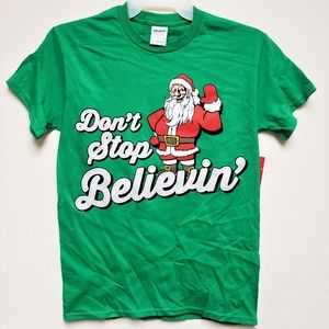 Green Christmas "Don't Stop Believin'" Santa Shirt